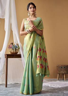 Sea green tissue silk blend floral woven saree with designer blouse 1