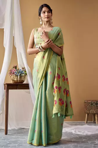 Sea green tissue silk blend floral woven saree with designer blouse