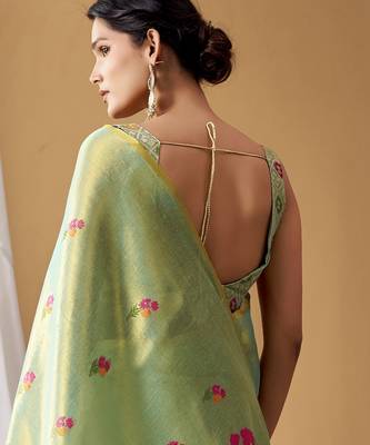 Sea green tissue silk blend floral woven saree with designer blouse 3