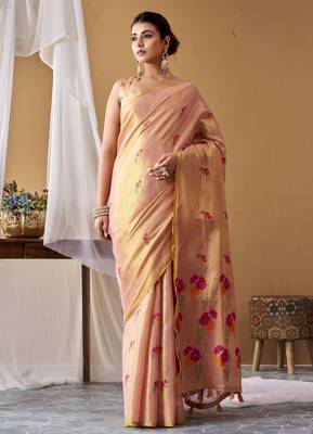 Pink tissue silk blend floral woven saree with designer blouse 1