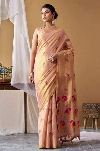 Pink tissue silk blend floral woven saree with designer blouse