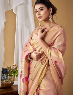Pink tissue silk blend floral woven saree with designer blouse 2
