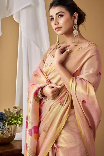 Pink tissue silk blend floral woven saree with designer blouse