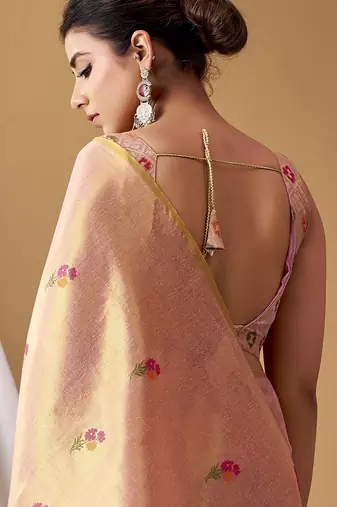 Pink tissue silk blend floral woven saree with designer blouse