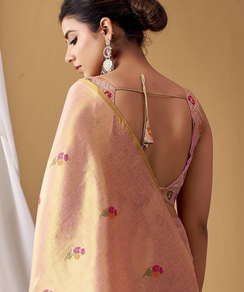 Pink tissue silk blend floral woven saree with designer blouse