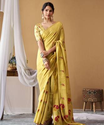 Golden yellow tissue silk blend floral woven saree with designer blouse 1