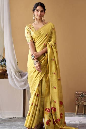 Golden yellow tissue silk blend floral woven saree with designer blouse