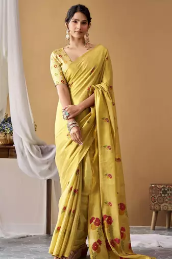Golden yellow tissue silk blend floral woven saree with designer blouse