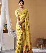 Golden yellow tissue silk blend floral woven saree with designer blouse