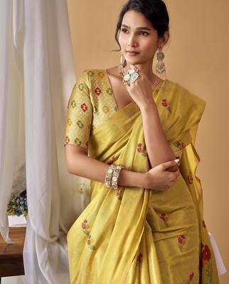 Golden yellow tissue silk blend floral woven saree with designer blouse 2