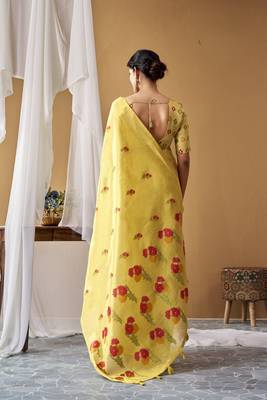 Golden yellow tissue silk blend floral woven saree with designer blouse 3