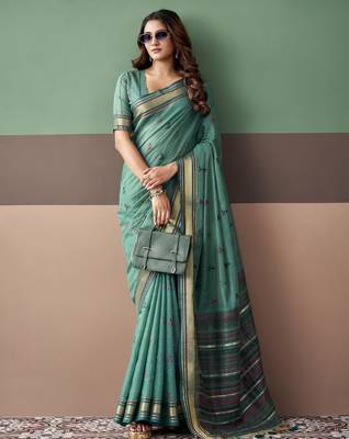 Sea green premium cotton blend woven saree with contrast border 1