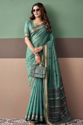 Sea green premium cotton blend woven saree with contrast border