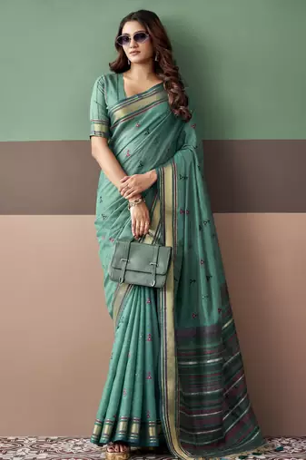 Sea green premium cotton blend woven saree with contrast border