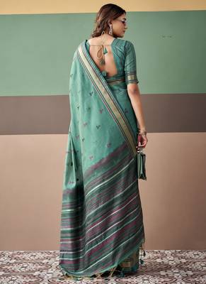 Sea green premium cotton blend woven saree with contrast border 2