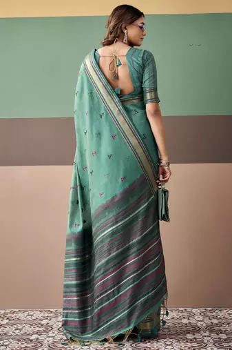 Sea green premium cotton blend woven saree with contrast border
