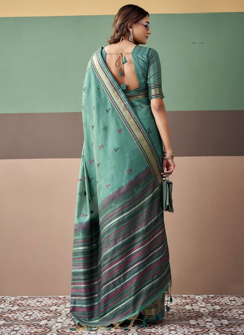 Sea green premium cotton blend woven saree with contrast border