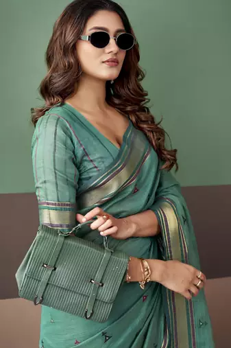 Sea green premium cotton blend woven saree with contrast border
