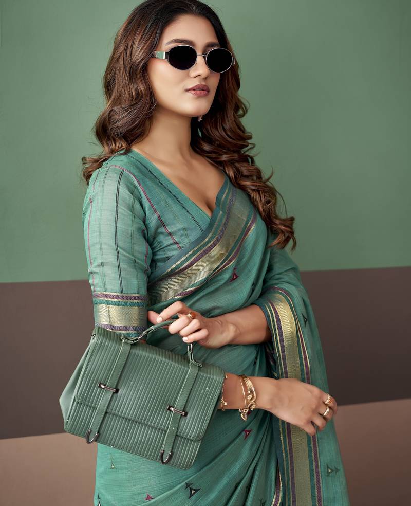 Sea green premium cotton blend woven saree with contrast border