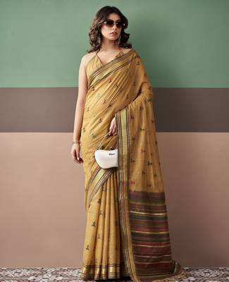 Gold premium cotton blend woven saree with contrast border 1