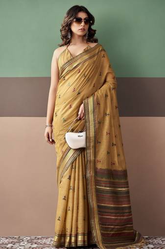 Gold premium cotton blend woven saree with contrast border