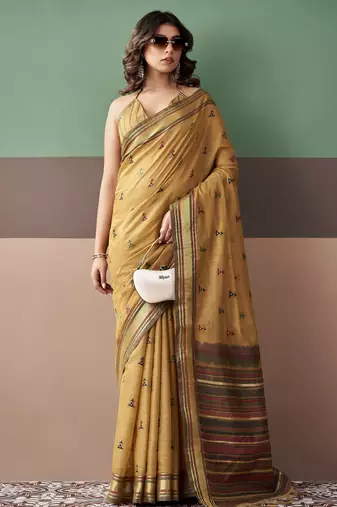 Gold premium cotton blend woven saree with contrast border