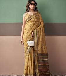 Gold premium cotton blend woven saree with contrast border