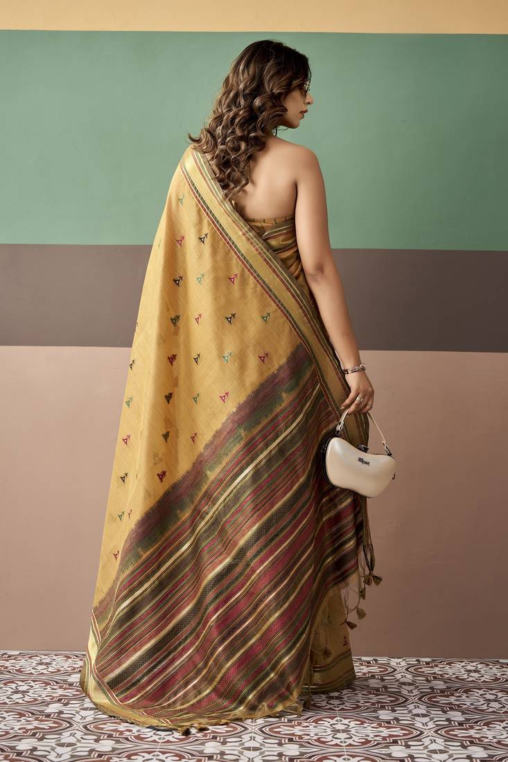 Gold premium cotton blend woven saree with contrast border