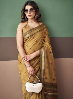 Gold premium cotton blend woven saree with contrast border 3