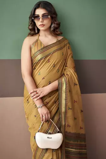 Gold premium cotton blend woven saree with contrast border
