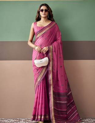 Rani pink premium cotton blend woven saree with contrast border 1