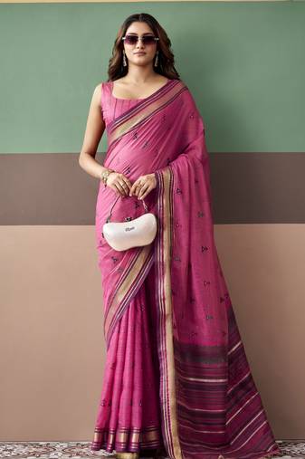 Rani pink premium cotton blend woven saree with contrast border