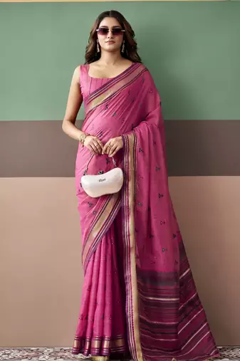 Rani pink premium cotton blend woven saree with contrast border