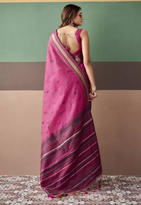 Rani pink premium cotton blend woven saree with contrast border 2