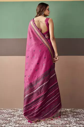 Rani pink premium cotton blend woven saree with contrast border