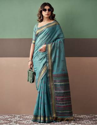Sky blue premium cotton blend woven saree with contrast border 1