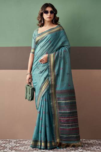 Sky blue premium cotton blend woven saree with contrast border