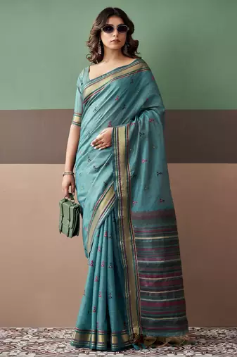 Sky blue premium cotton blend woven saree with contrast border