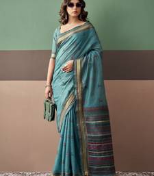 Sky blue premium cotton blend woven saree with contrast border