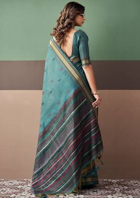Sky blue premium cotton blend woven saree with contrast border 2