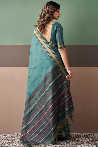 Sky blue premium cotton blend woven saree with contrast border