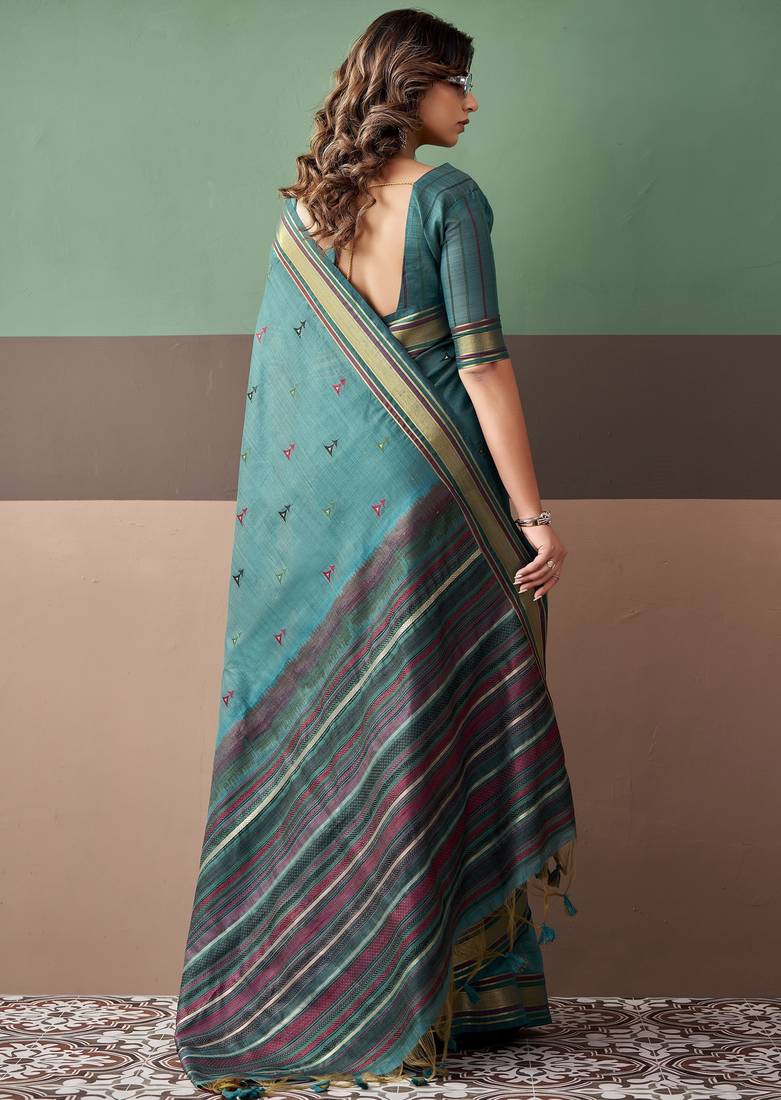Sky blue premium cotton blend woven saree with contrast border