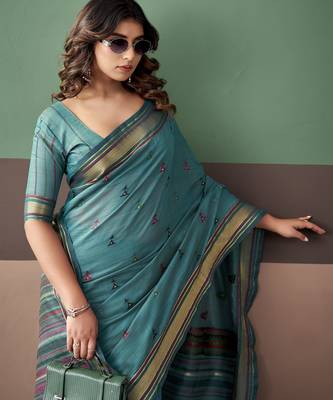 Sky blue premium cotton blend woven saree with contrast border 3