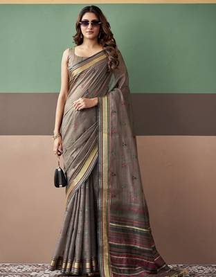Grey premium cotton blend woven saree with contrast border 1