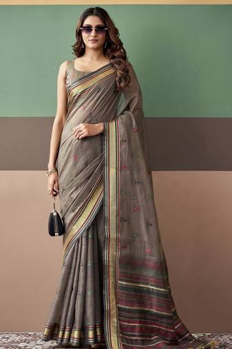 Grey premium cotton blend woven saree with contrast border