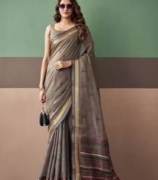 Grey premium cotton blend woven saree with contrast border