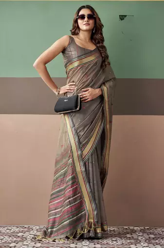 Grey premium cotton blend woven saree with contrast border