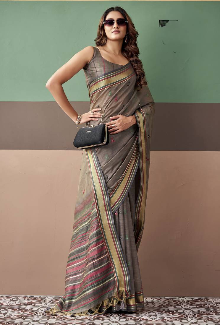 Grey premium cotton blend woven saree with contrast border