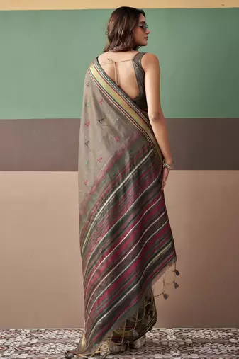 Grey premium cotton blend woven saree with contrast border