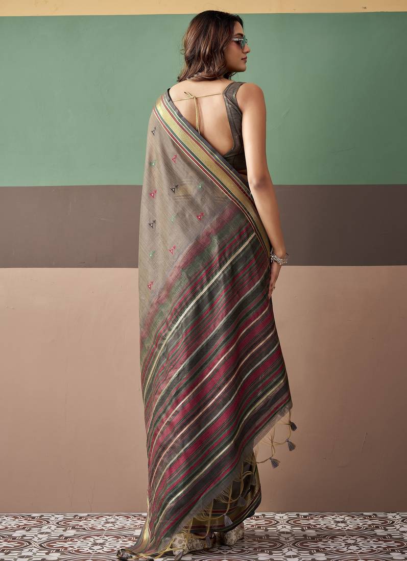 Grey premium cotton blend woven saree with contrast border